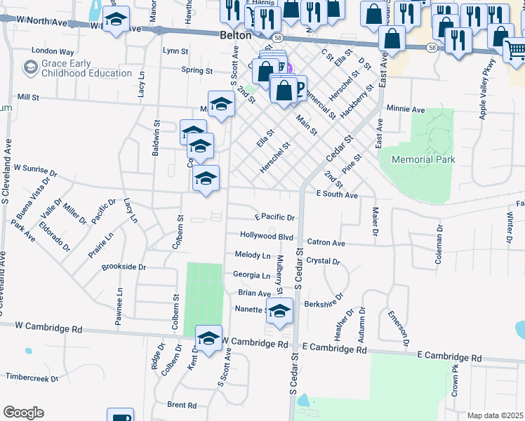 map of restaurants, bars, coffee shops, grocery stores, and more near 138 East Sunrise Drive in Belton