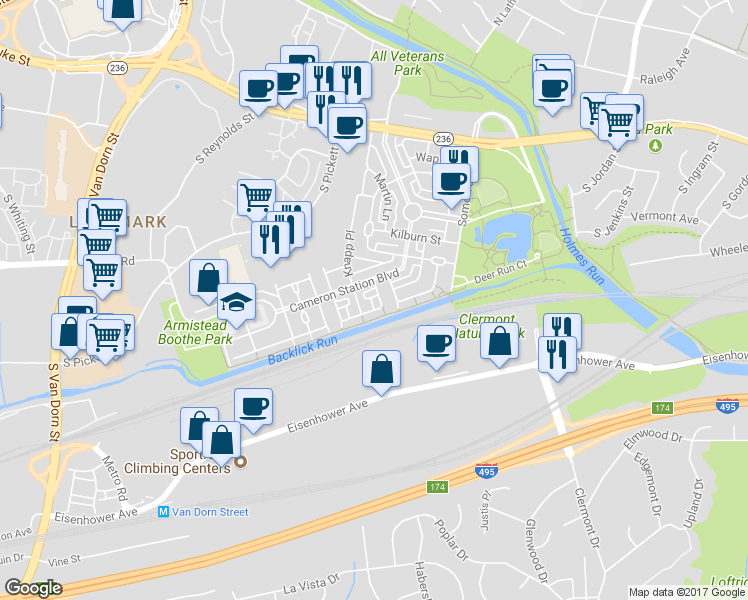 map of restaurants, bars, coffee shops, grocery stores, and more near 5115 O'Neill Lane in Alexandria