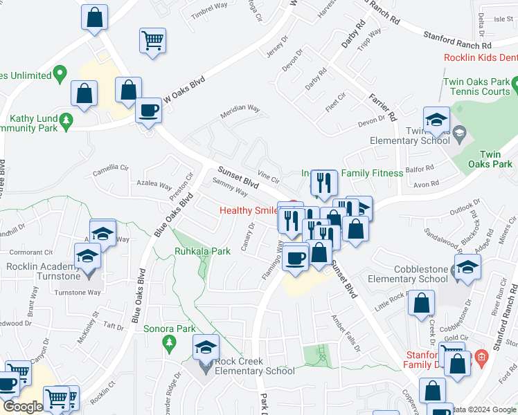 map of restaurants, bars, coffee shops, grocery stores, and more near 1907 Sammy Way in Rocklin