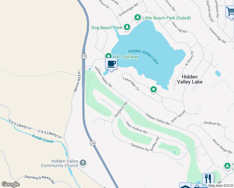 map of restaurants, bars, coffee shops, grocery stores, and more near 18293 Hidden Valley Road in Hidden Valley Lake