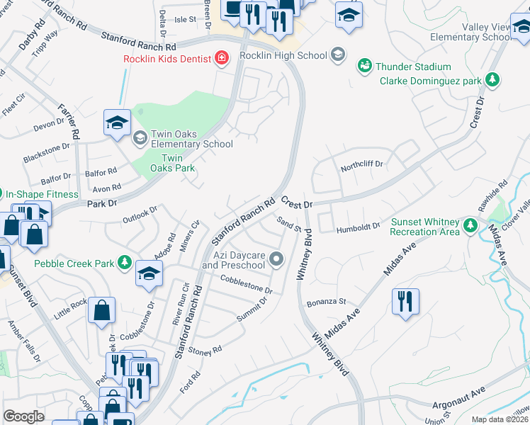 map of restaurants, bars, coffee shops, grocery stores, and more near 5612 Terrace Drive in Rocklin