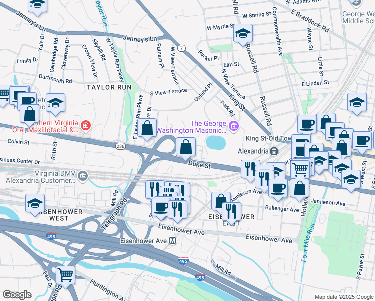 map of restaurants, bars, coffee shops, grocery stores, and more near 101 Roberts Court in Alexandria