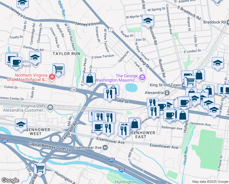 map of restaurants, bars, coffee shops, grocery stores, and more near 101 Roberts Court in Alexandria