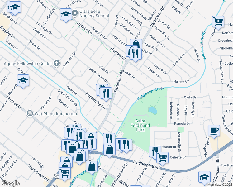 map of restaurants, bars, coffee shops, grocery stores, and more near 1740 Patterson Road in Florissant