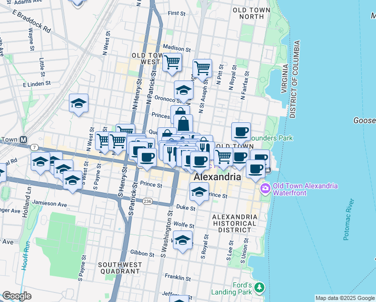 map of restaurants, bars, coffee shops, grocery stores, and more near 609 Cameron Street in Alexandria