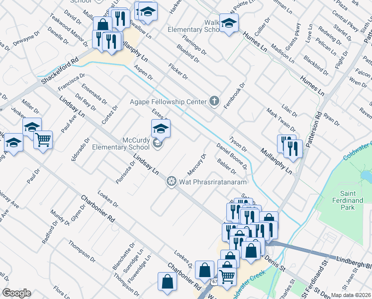 map of restaurants, bars, coffee shops, grocery stores, and more near 31 Mary Ann Court in Florissant