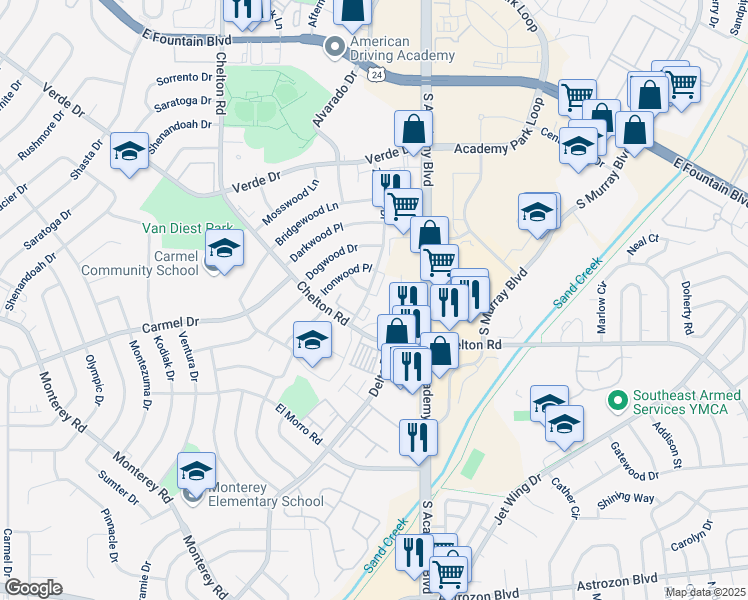 map of restaurants, bars, coffee shops, grocery stores, and more near 1815 Zebulon Drive in Colorado Springs