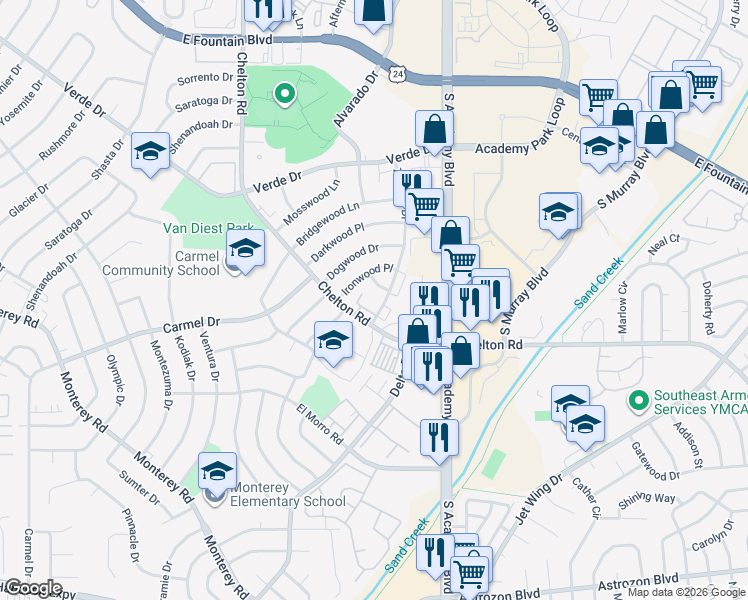 map of restaurants, bars, coffee shops, grocery stores, and more near 1815 Zebulon Drive in Colorado Springs