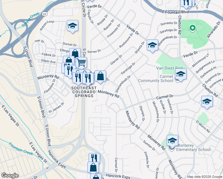 map of restaurants, bars, coffee shops, grocery stores, and more near 1806 Monterey Road in Colorado Springs