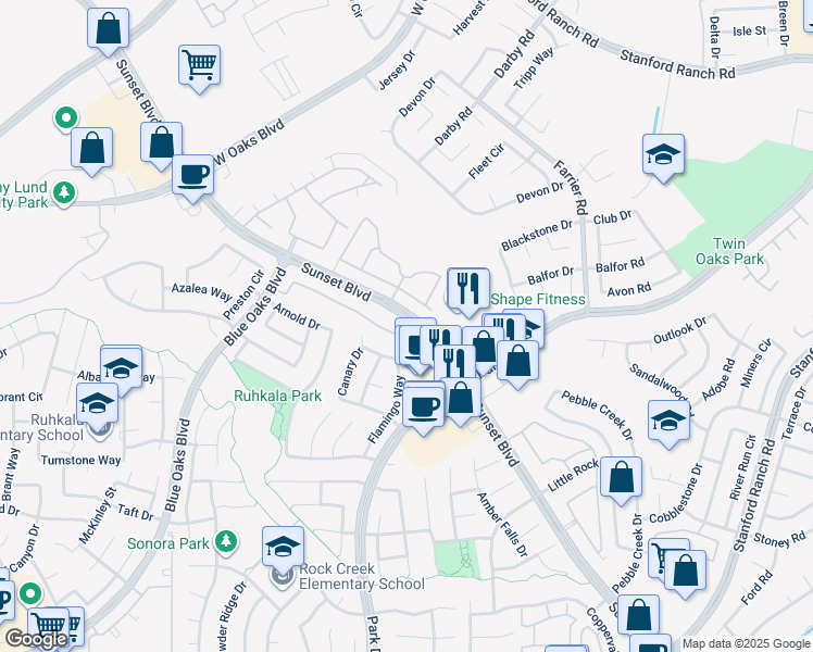 map of restaurants, bars, coffee shops, grocery stores, and more near 2301 Sammy Way in Rocklin