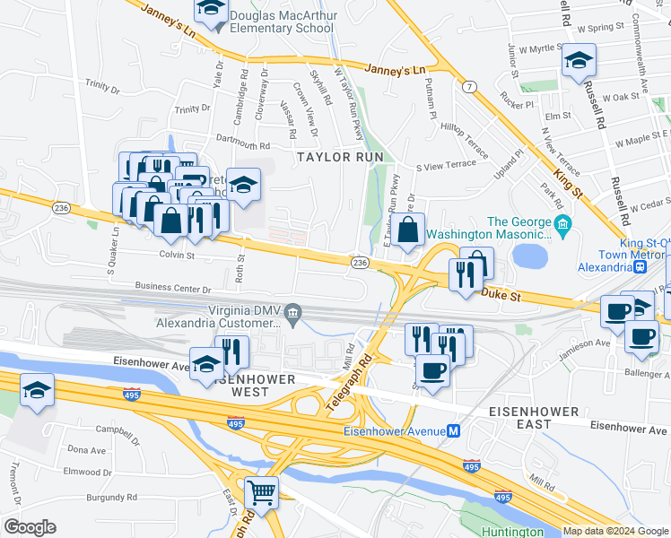 map of restaurants, bars, coffee shops, grocery stores, and more near 2712 Duke Street in Alexandria