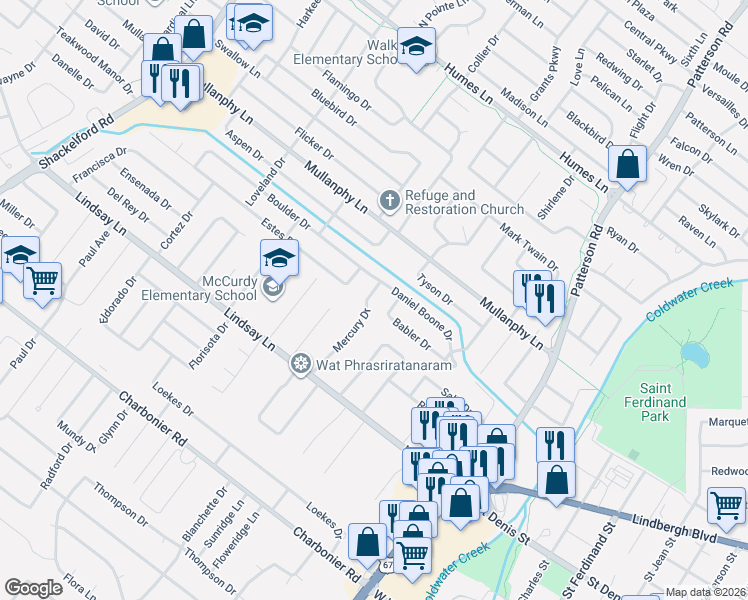 map of restaurants, bars, coffee shops, grocery stores, and more near 43 Mercury Drive in Florissant