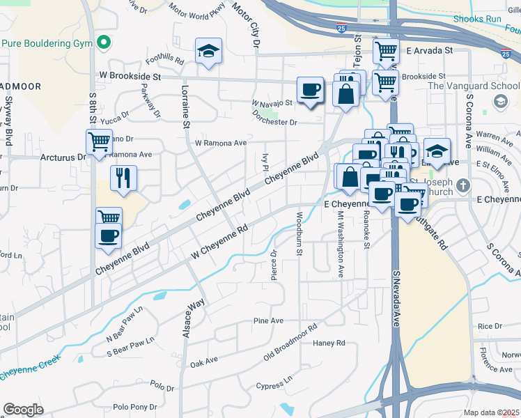 map of restaurants, bars, coffee shops, grocery stores, and more near 200 Cheyenne Boulevard in Colorado Springs