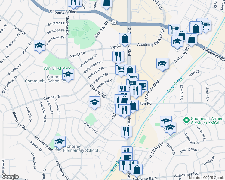 map of restaurants, bars, coffee shops, grocery stores, and more near 1815 Zebulon Drive in Colorado Springs