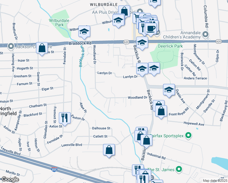 map of restaurants, bars, coffee shops, grocery stores, and more near 5307 Woodland Estates Way in Springfield