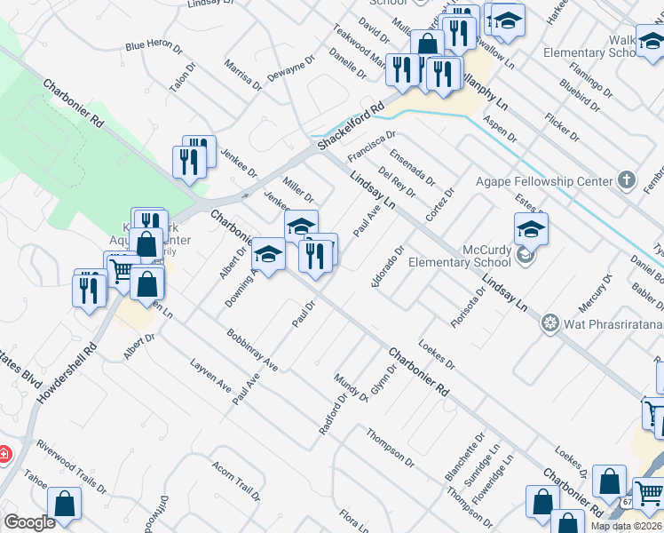 map of restaurants, bars, coffee shops, grocery stores, and more near 525 Paul Avenue in Florissant