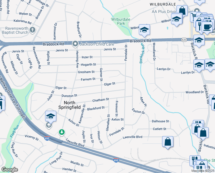map of restaurants, bars, coffee shops, grocery stores, and more near 7317 Elgar Street in Springfield