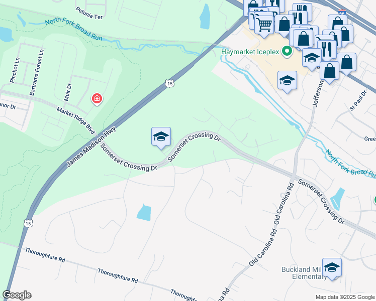 map of restaurants, bars, coffee shops, grocery stores, and more near 6997 Saint Hill Court in Haymarket
