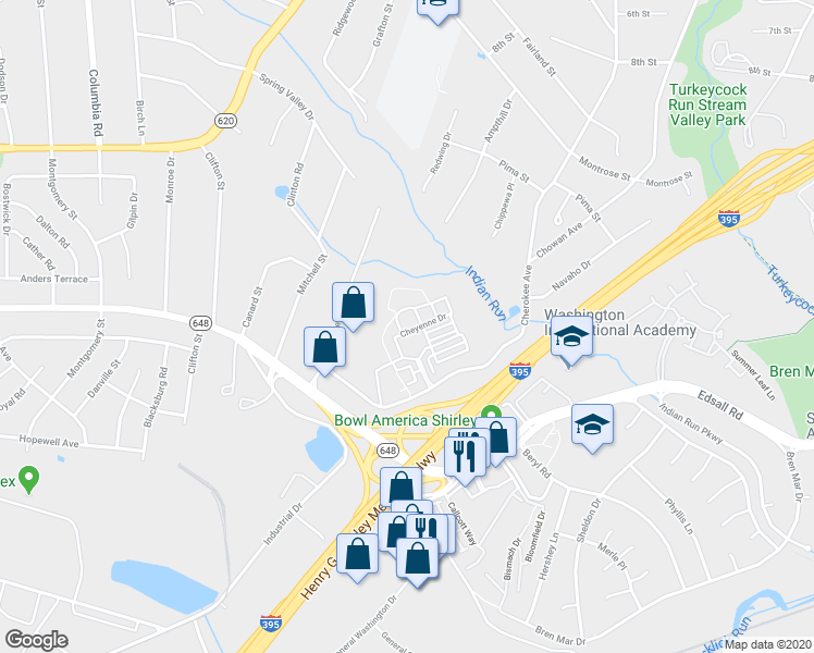 map of restaurants, bars, coffee shops, grocery stores, and more near 6476 Cheyenne Drive in Alexandria