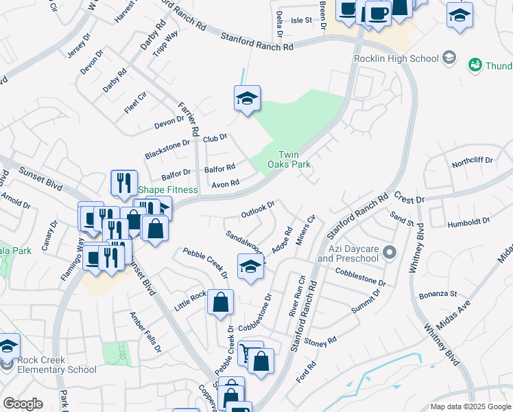 map of restaurants, bars, coffee shops, grocery stores, and more near 3237 Outlook Drive in Rocklin