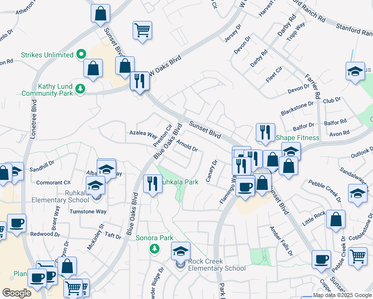 map of restaurants, bars, coffee shops, grocery stores, and more near 2114 Arnold Dr in Rocklin