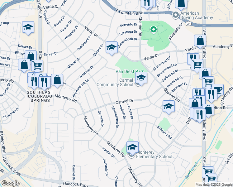 map of restaurants, bars, coffee shops, grocery stores, and more near in Colorado Springs