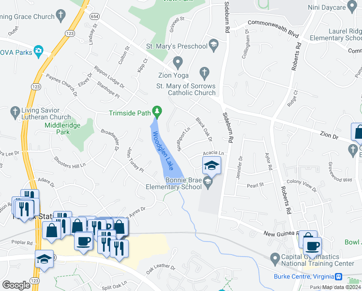 map of restaurants, bars, coffee shops, grocery stores, and more near 5413 Southport Lane in Fairfax