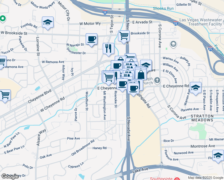 map of restaurants, bars, coffee shops, grocery stores, and more near 113 East Cheyenne Road in Colorado Springs