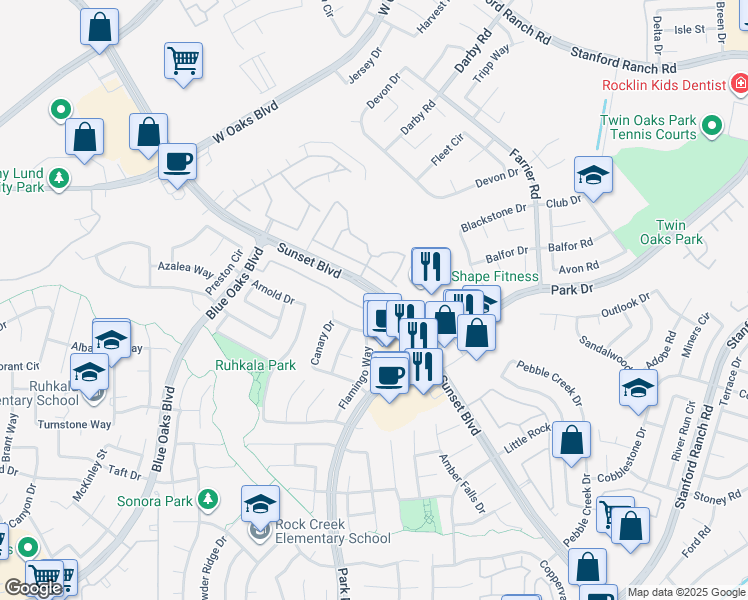 map of restaurants, bars, coffee shops, grocery stores, and more near 2601 Sammy Way in Rocklin