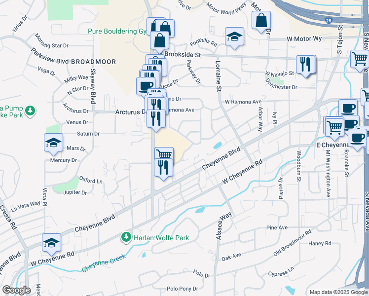 map of restaurants, bars, coffee shops, grocery stores, and more near 504 La Clede Avenue in Colorado Springs