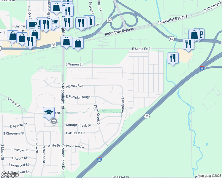 map of restaurants, bars, coffee shops, grocery stores, and more near 308 Ghost Creek Lane in Gardner