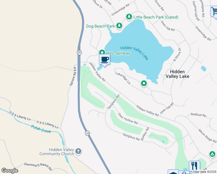 map of restaurants, bars, coffee shops, grocery stores, and more near 18293 Hidden Valley Road in Hidden Valley Lake