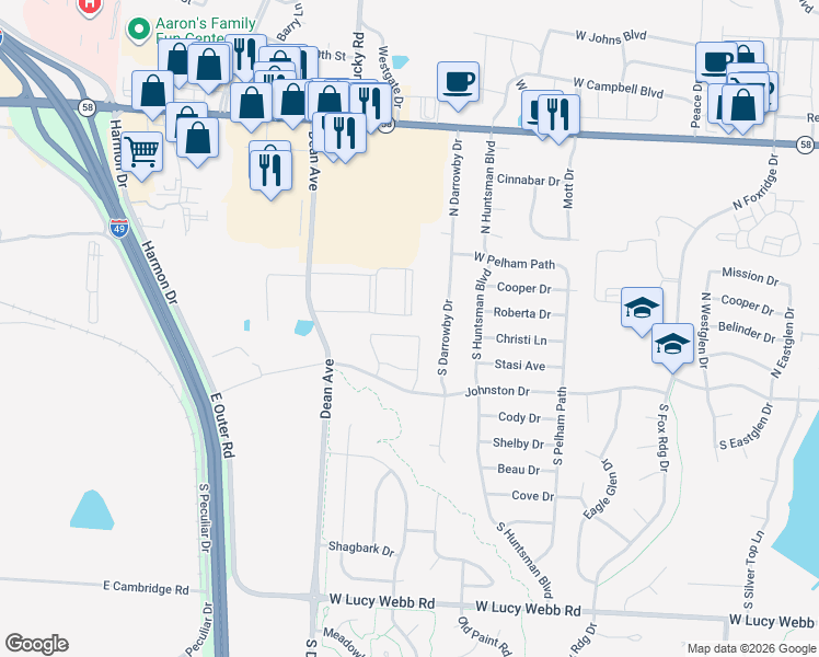 map of restaurants, bars, coffee shops, grocery stores, and more near 126 South Darrowby Drive in Raymore