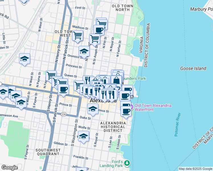 map of restaurants, bars, coffee shops, grocery stores, and more near 219 North Royal Street in Alexandria