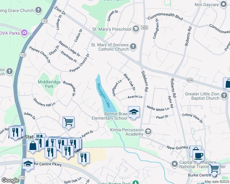 map of restaurants, bars, coffee shops, grocery stores, and more near 5413 Southport Lane in Fairfax