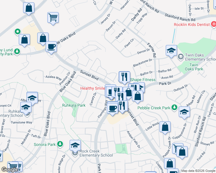 map of restaurants, bars, coffee shops, grocery stores, and more near 2607 Sammy Way in Rocklin
