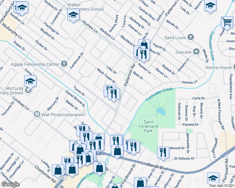 map of restaurants, bars, coffee shops, grocery stores, and more near 1700 Mark Twain Drive in Florissant