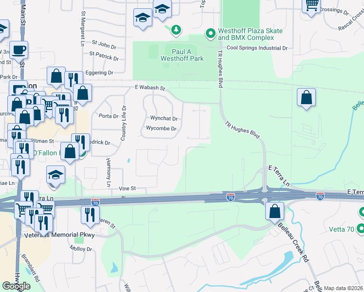 map of restaurants, bars, coffee shops, grocery stores, and more near 402 Orf Avenue in O'Fallon