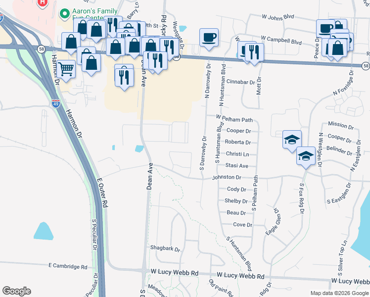 map of restaurants, bars, coffee shops, grocery stores, and more near 126 South Darrowby Drive in Raymore