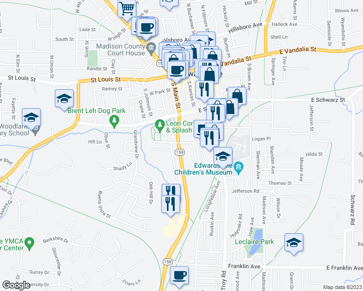 map of restaurants, bars, coffee shops, grocery stores, and more near 402 Plum Street in Edwardsville