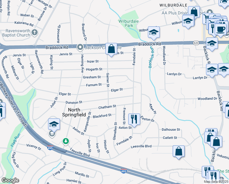 map of restaurants, bars, coffee shops, grocery stores, and more near 7317 Elgar Street in Springfield