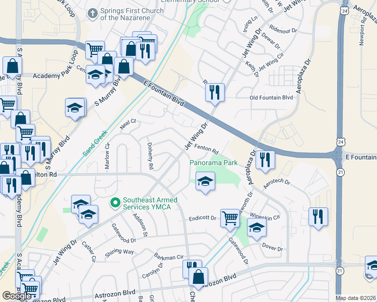 map of restaurants, bars, coffee shops, grocery stores, and more near 4498 Harwood Road in Colorado Springs