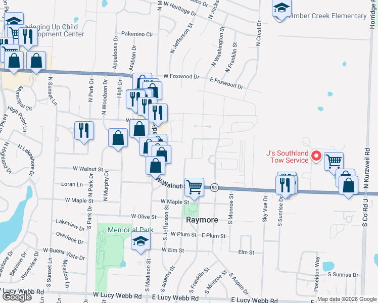 map of restaurants, bars, coffee shops, grocery stores, and more near 213 North Pointe Lane in Raymore