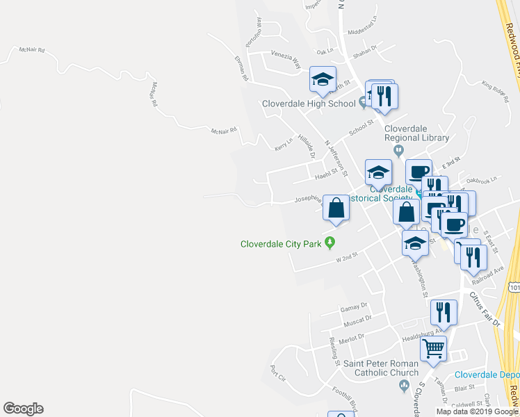 map of restaurants, bars, coffee shops, grocery stores, and more near 621 Josephine Drive in Cloverdale