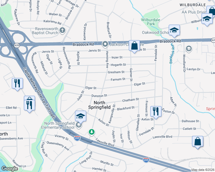 map of restaurants, bars, coffee shops, grocery stores, and more near 7422 Elgar Street in Springfield
