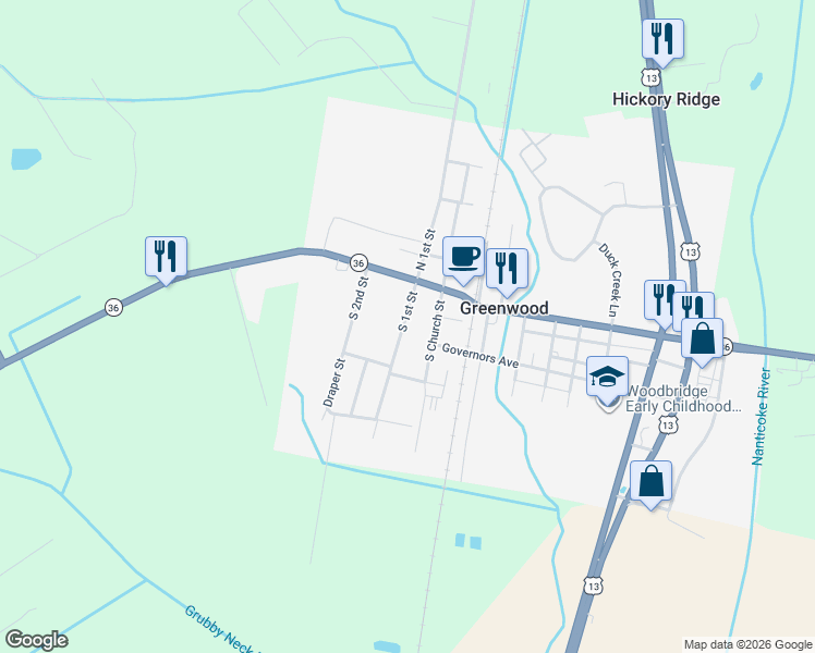 map of restaurants, bars, coffee shops, grocery stores, and more near 105A South 1st Street in Greenwood
