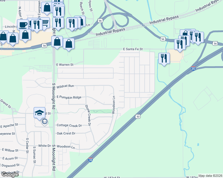 map of restaurants, bars, coffee shops, grocery stores, and more near 1057 East Wildcat Run Street in Gardner