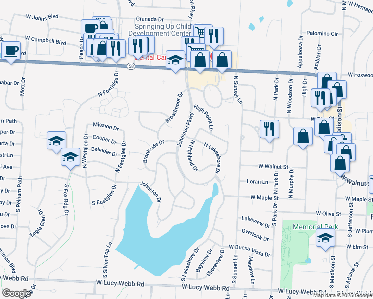 map of restaurants, bars, coffee shops, grocery stores, and more near 202 North Highland Drive in Raymore