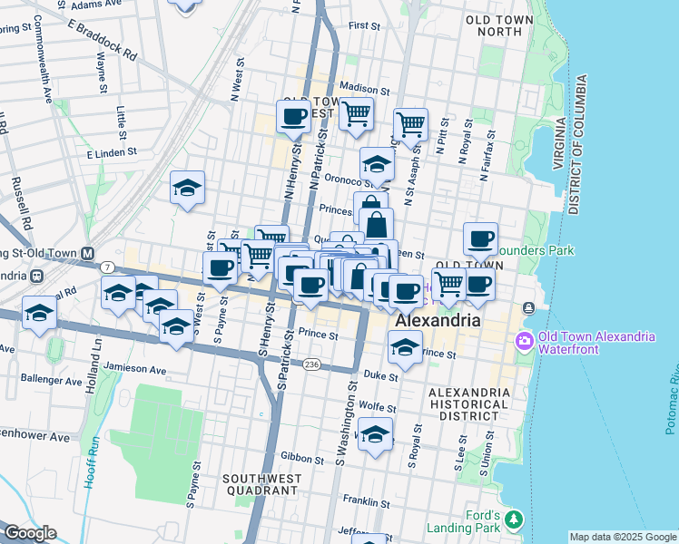 map of restaurants, bars, coffee shops, grocery stores, and more near 801 Cameron St in Alexandria