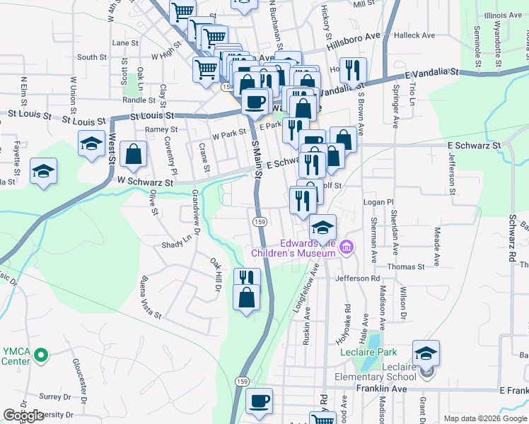 map of restaurants, bars, coffee shops, grocery stores, and more near 402 Plum Street in Edwardsville